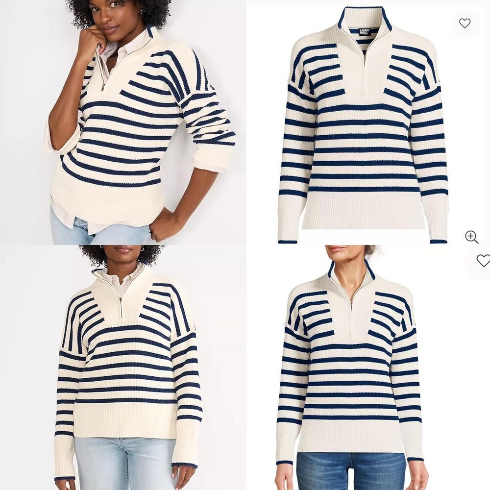 Lands' End Women's Cotton Quarter Zip Pullover Striped Ivory Navy Sweater Small
